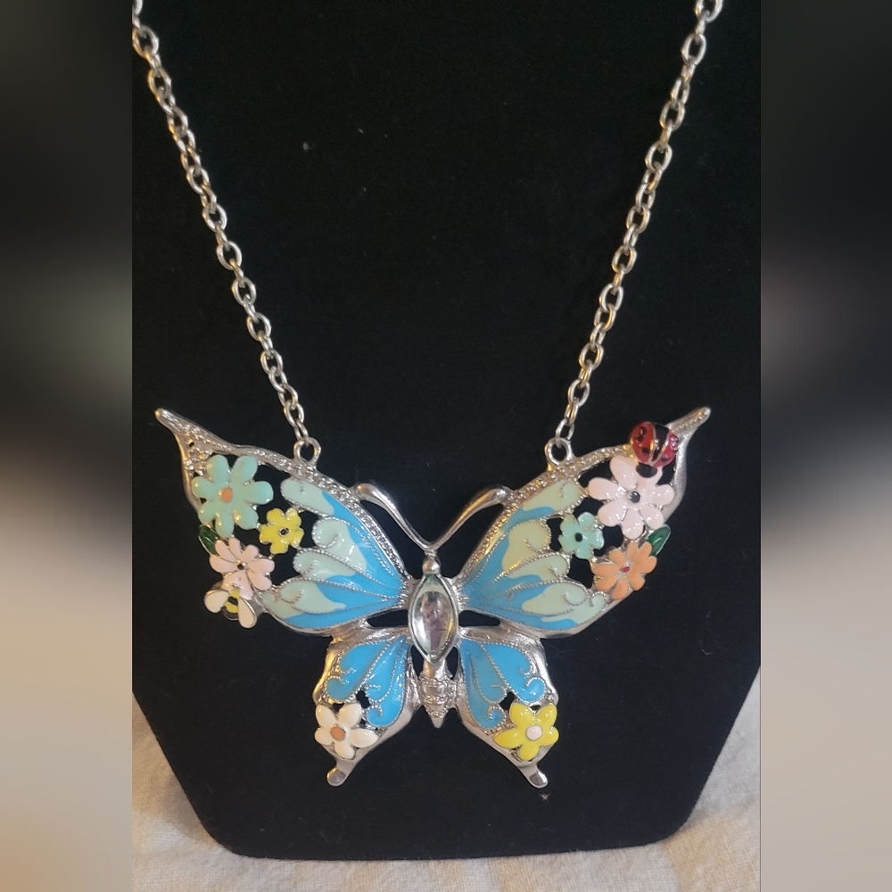 Butterfly Pendant Necklace with Blue and Silver Accents